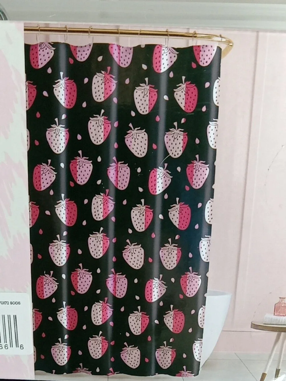 Betsey Johnson Pink & Black Strawberry Print Shower Curtain Liner